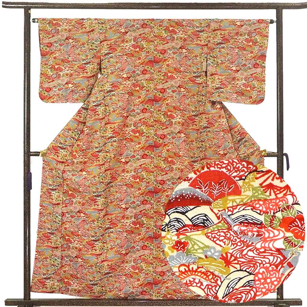 リサイクル着物 小紋 薄黄色地 紅型調 袷 正絹 着物 未使用品 レディース 秋冬春用 シルク イエロー 裄Mサイズ リユース身丈160cm 裄65cm 前幅24cm 後幅30cm 袖丈49cm【ランクS】