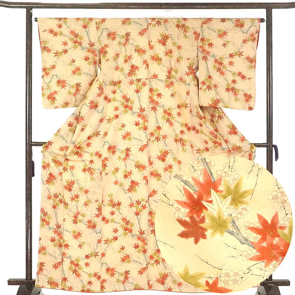 リサイクル着物 小紋 茶色地 紅葉柄 袷 正絹 着物 レディース 秋冬春用