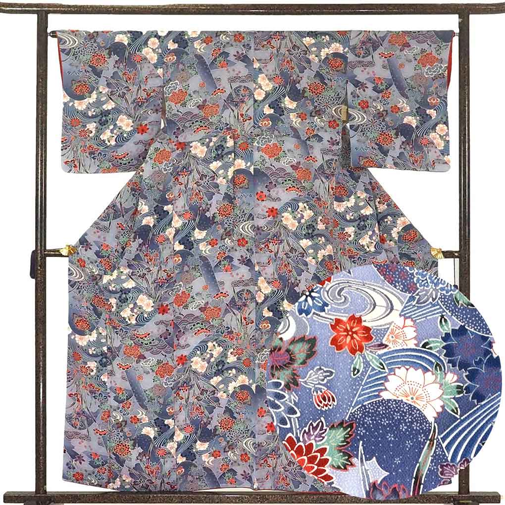 リサイクル着物 小紋 ブルーグレー地 花柄 袷 正絹 着物 レディース