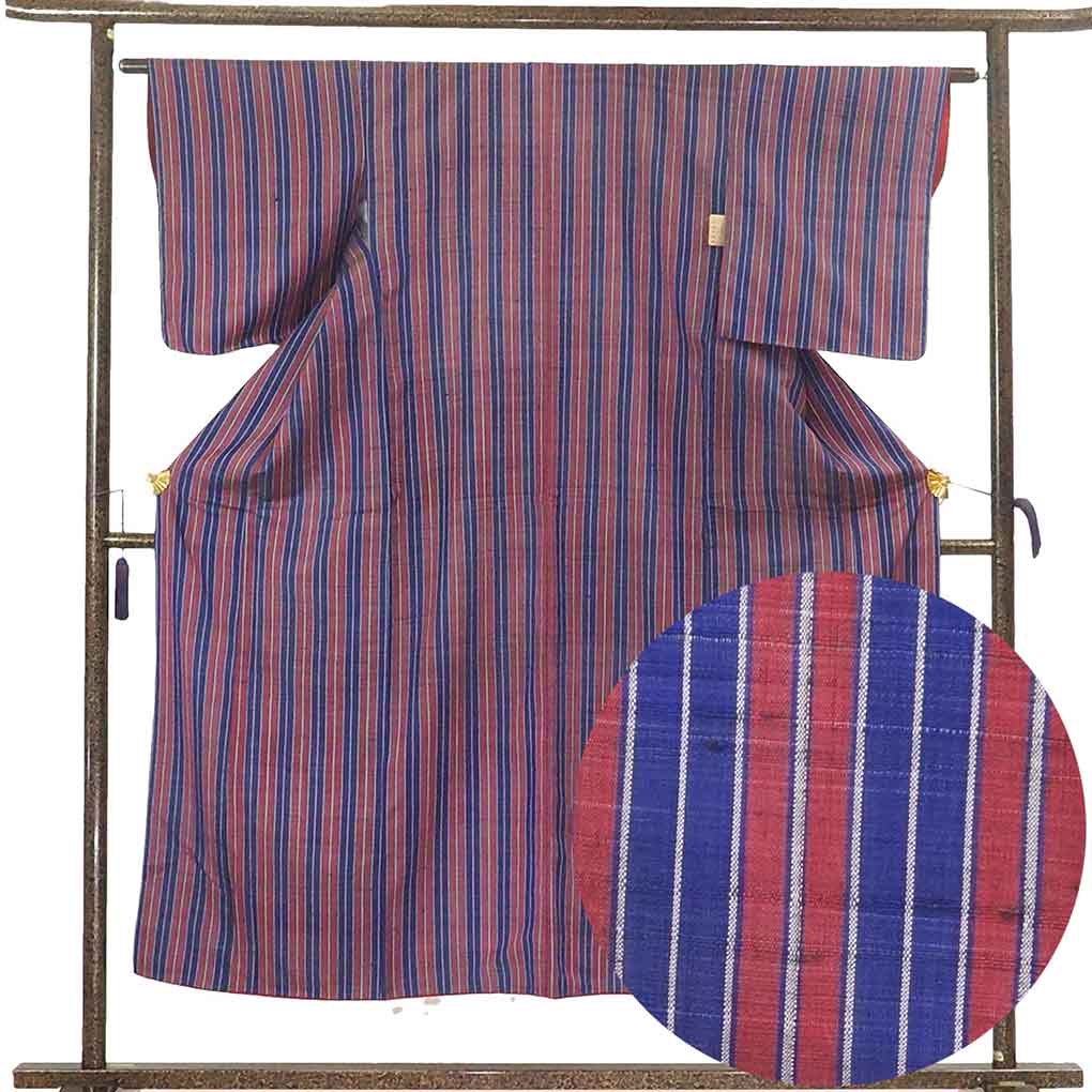 リサイクル着物 小紋 紺地 縦縞模様 袷 正絹 着物 未使用品 レディース 秋冬春用 シルク ネイビー 裄Sサイズ リユース身丈149cm 裄62cm 前幅25cm 後幅28cm 袖丈49cm【ランクB】