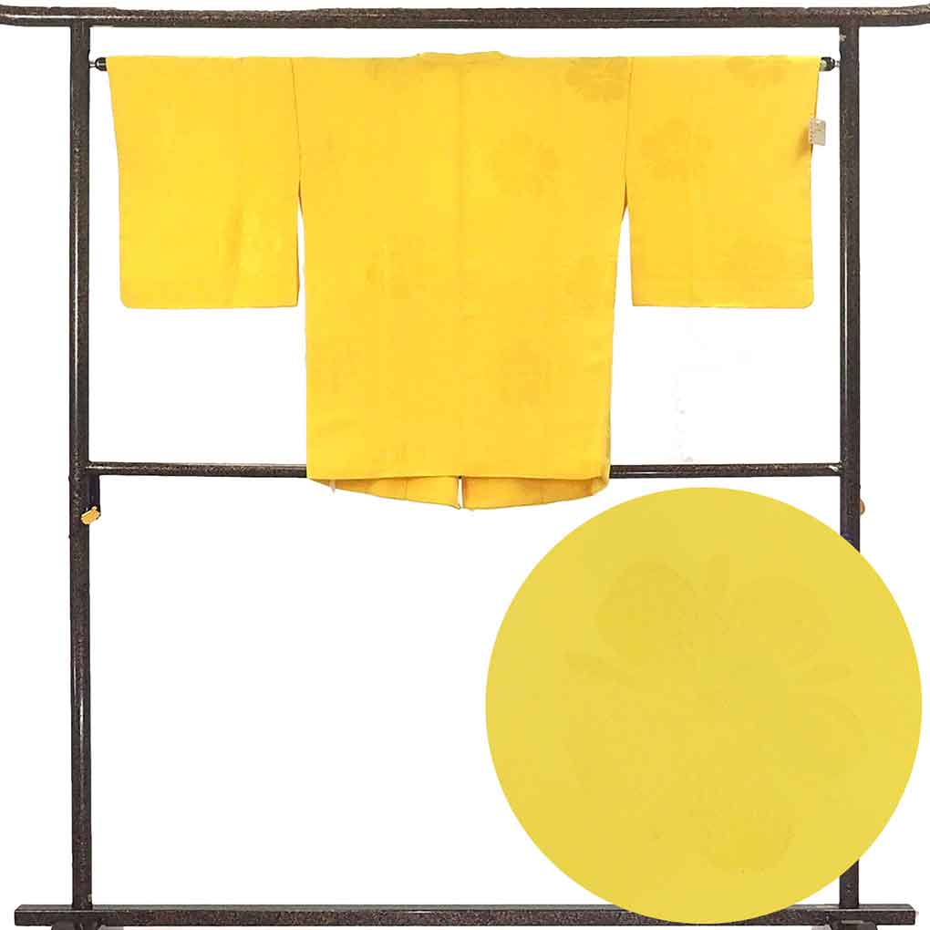 リサイクル着物 道行コート 黄色地 花柄 袷 正絹 着物 未使用品 レディース 秋冬春用 シルク イエロー 裄Mサイズ リユース身丈77cm 裄64cm 袖丈45cm 袖幅33cm【ランクS】