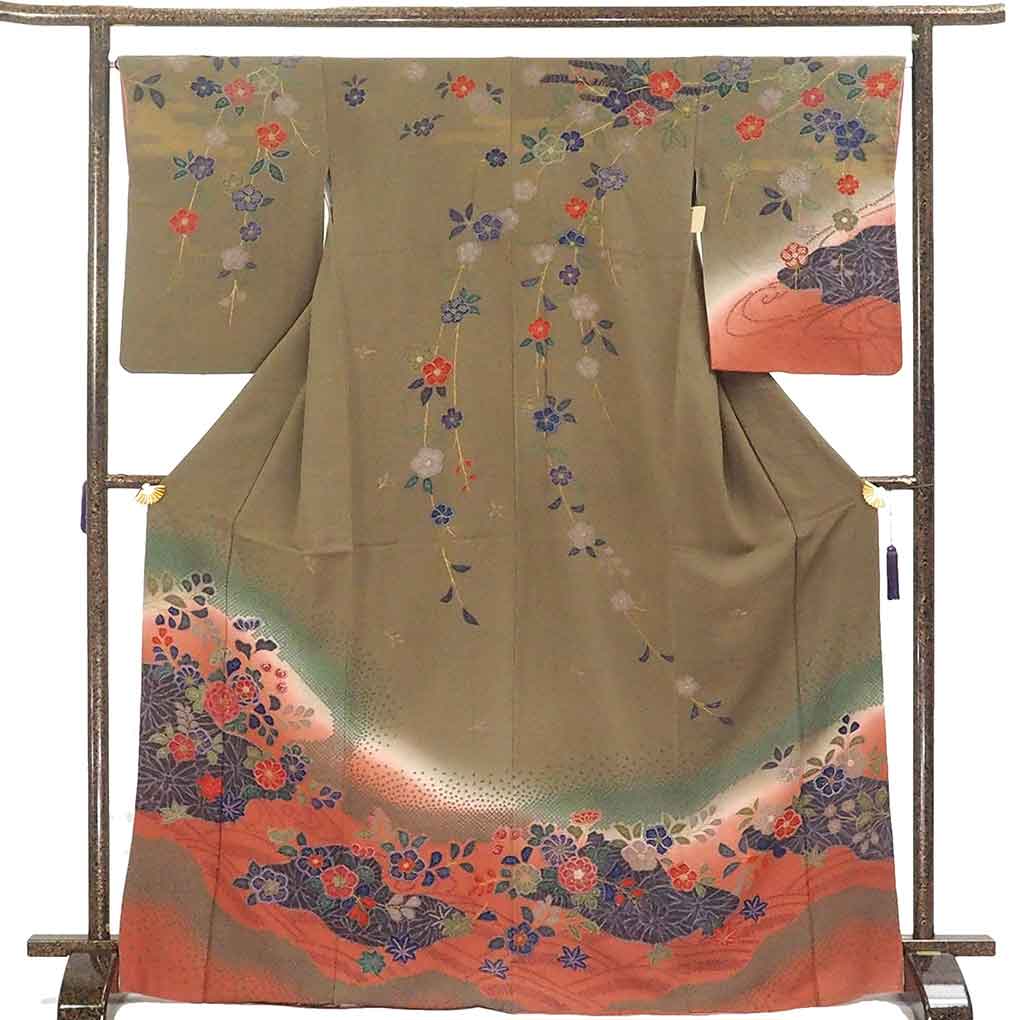 リサイクル 訪問着 身丈173cm 裄68cm 前幅23.5cm 後幅31cm 袖丈56cm 袖幅35cm 正絹（シルク） レディース 袷仕立 秋冬春用 緑地 裄Lサイズ トールサイズ 美品 リサイクル リユース【ランクA】