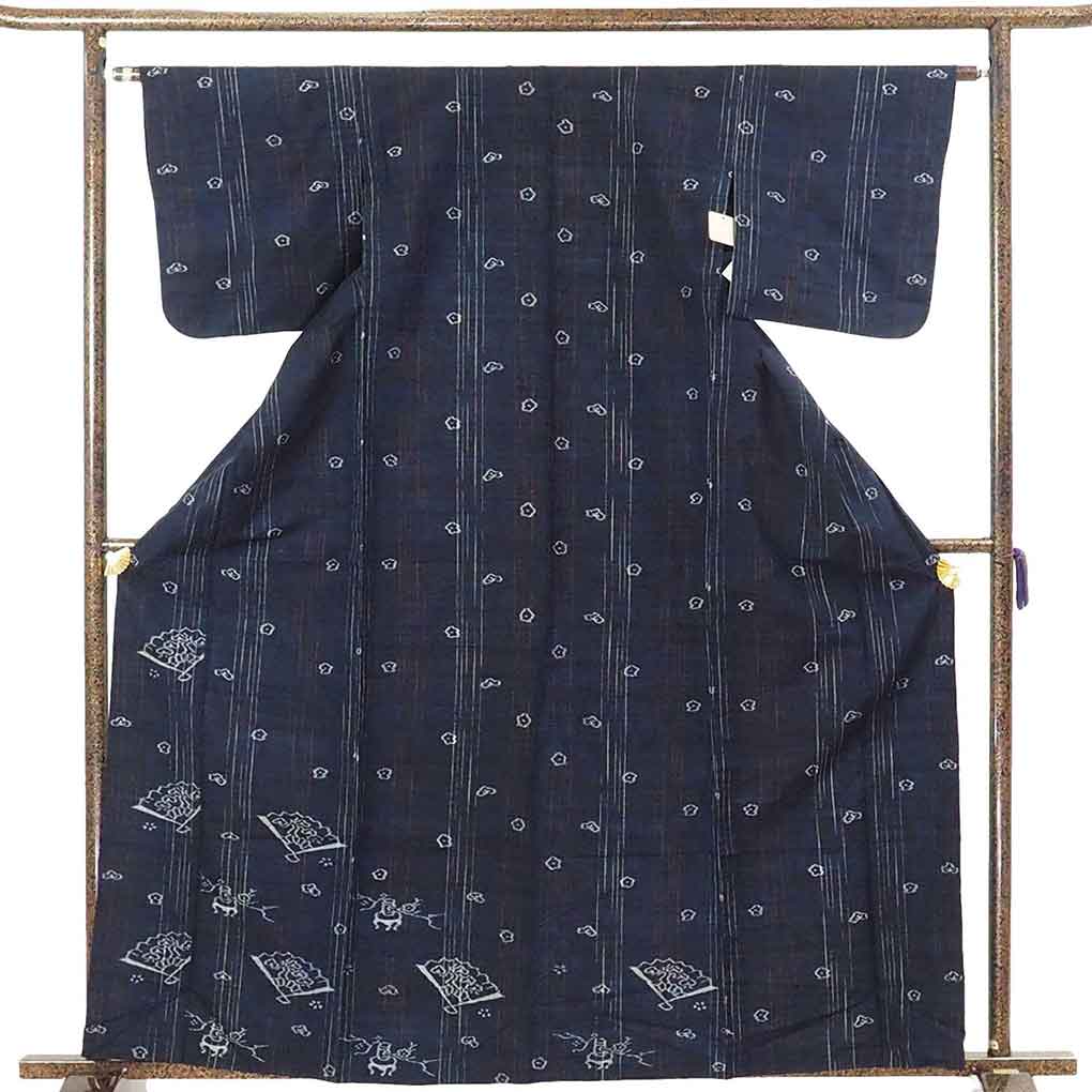 リサイクル 付下 着物 身丈163cm 裄63cm 前幅25cm 後幅31cm 袖丈45cm 袖幅32cm レディース 単衣 扇面 裄Mサイズ 初夏・初秋用 正絹（シルク）紺地 やや難 リサイクル リメイク リユース【ランクB】