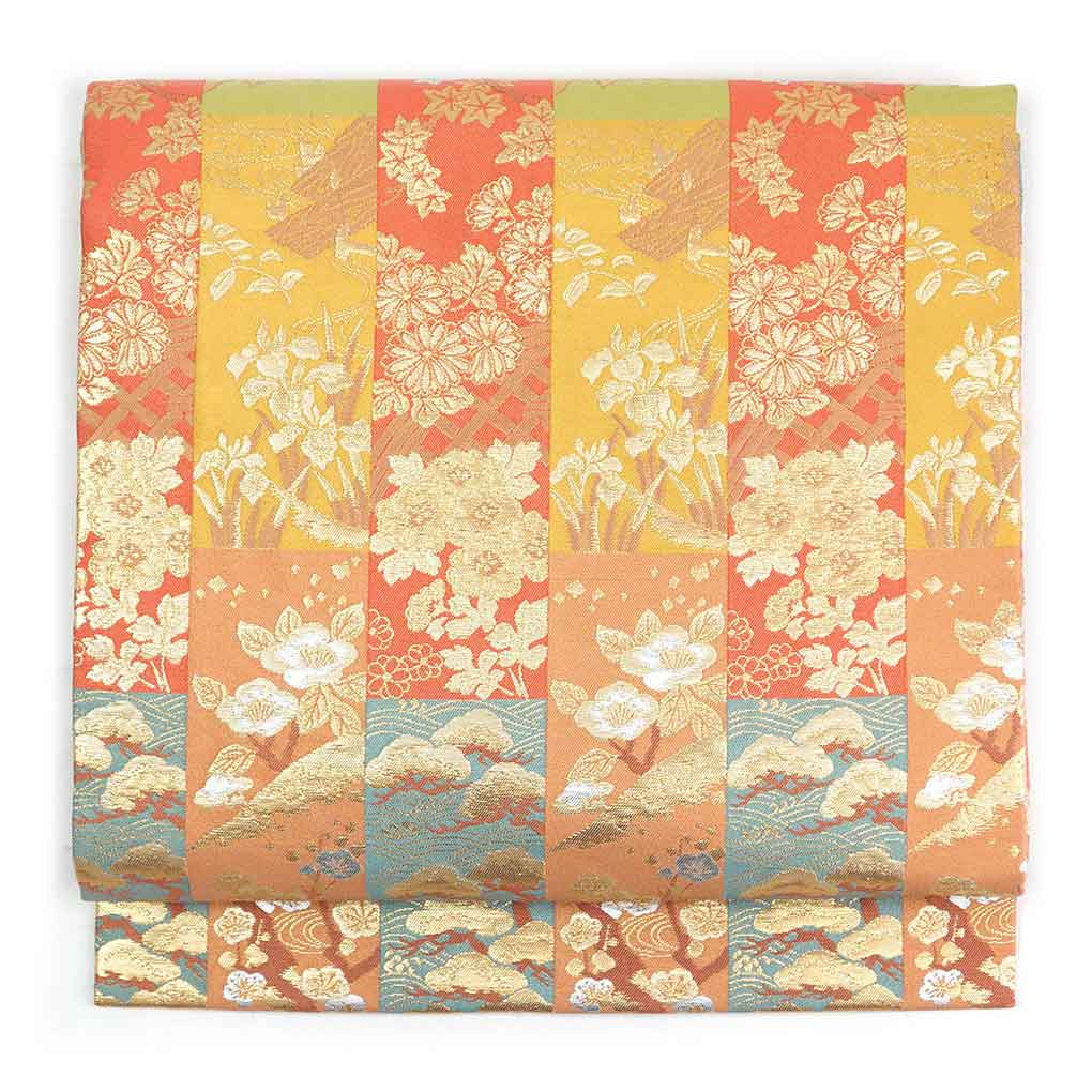 リサイクル 名古屋帯 幅30cm 長さ367cm レディース 花柄 秋冬春用 正絹（シルク）茶色 美品 リサイクル リメイク リユース【ランクA】