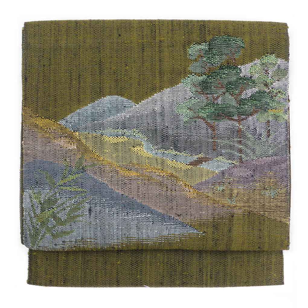 リサイクル 名古屋帯 幅31cm 長さ365cm レディース 風景画 秋冬春用 正絹（シルク）緑地 未使用品 リサイクル リメイク リユース【ランクS】