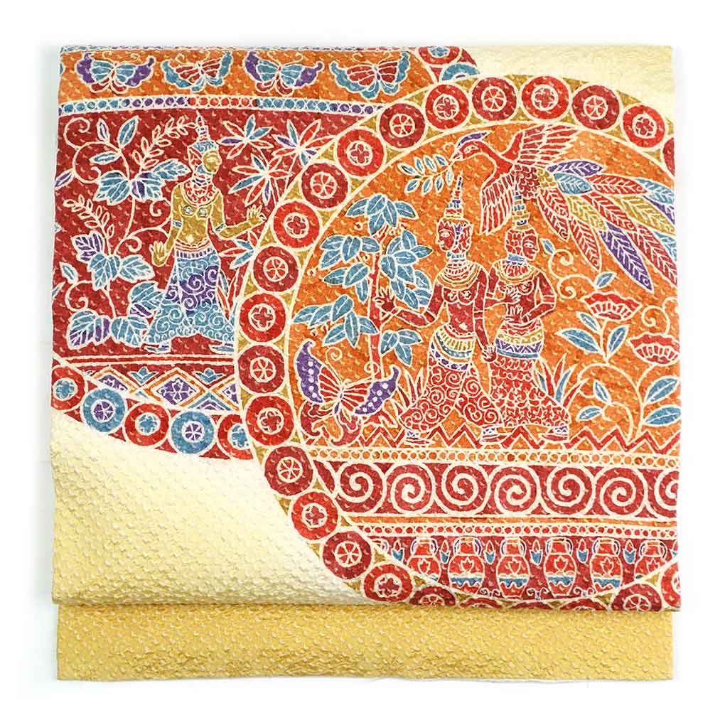 リサイクル 名古屋帯 幅30cm 長さ351cm レディース 絞り 秋冬春用 正絹（シルク）黄色地 やや難 リサイクル リメイク リユース【ランクB】
