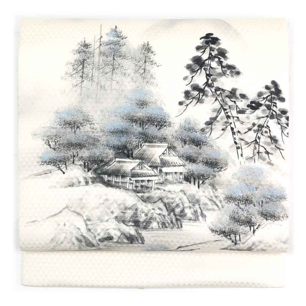 リサイクル 名古屋帯 幅31cm 長さ369cm レディース 風景画 秋冬春用 正絹（シルク）白地 未使用品 リサイクル リメイク リユース【ランクS】