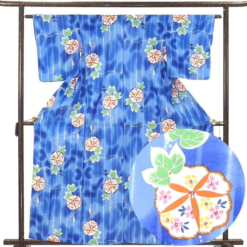 リサイクル 浴衣 身丈163cm 裄62cm 前幅23.5cm 後幅30cm 袖丈48cm 袖幅31.5cm レディース 朝顔 裄Sサイズ 夏用 木綿 ブルー地 美品 リサイクル リメイク リユース【ランクA】