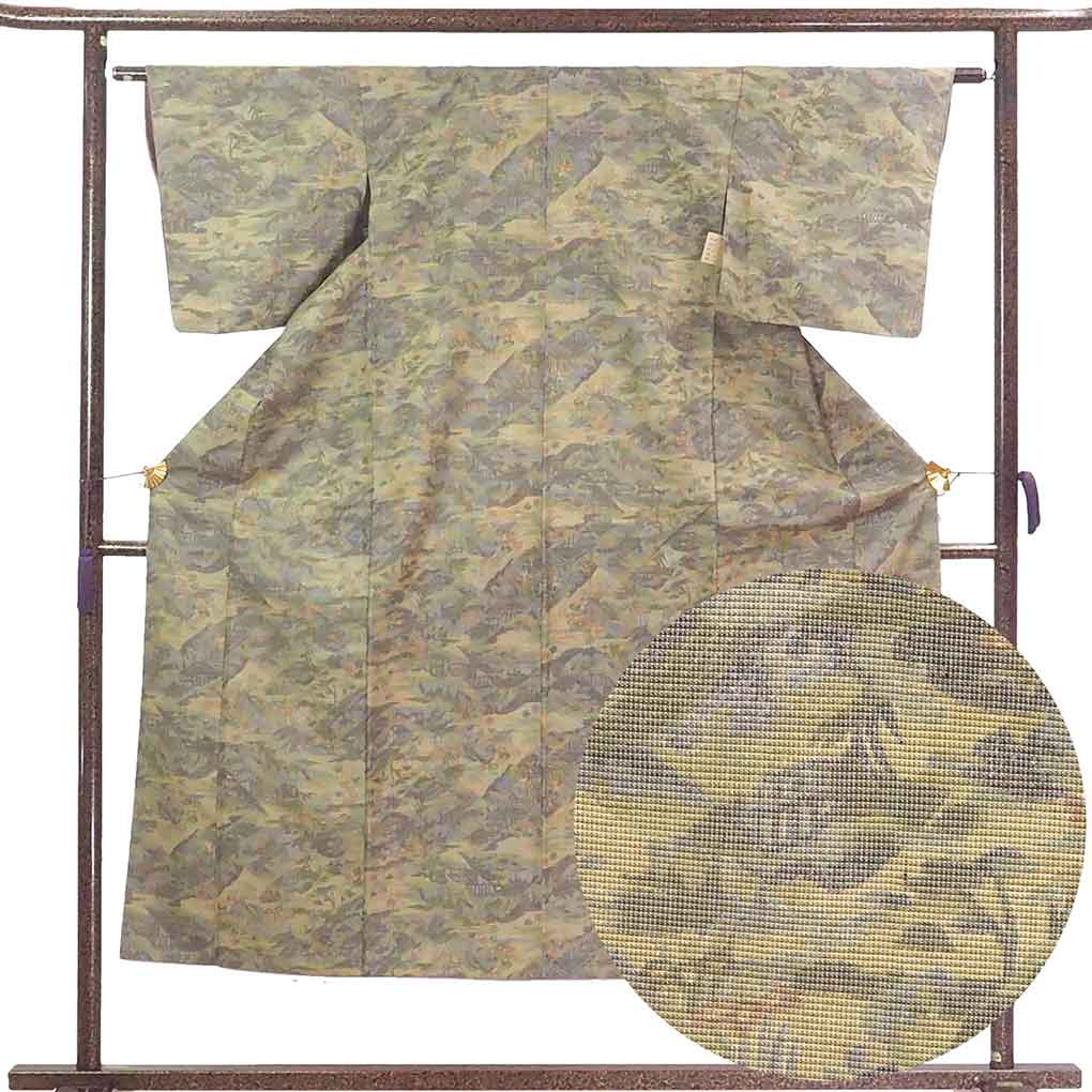 リサイクル 紬 着物 身丈147cm 裄63cm 前幅24cm 後幅28cm 袖丈45cm 袖幅32cm レディース 袷 連続模様 裄Mサイズ 秋冬春用 正絹（シルク）グレー地 やや難 リサイクル リメイク リユース【ランクB】