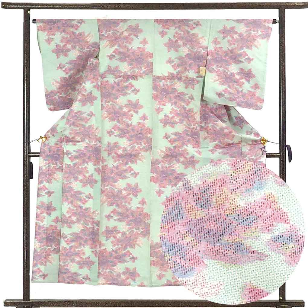 リサイクル 紬 着物 身丈155cm 裄65cm 前幅23cm 後幅30cm 袖丈52cm 袖幅33cm レディース 単衣 連続模様 裄Mサイズ 初夏・初秋用 正絹（シルク）ブルー地 美品 リサイクル リメイク リユース【ランクA】