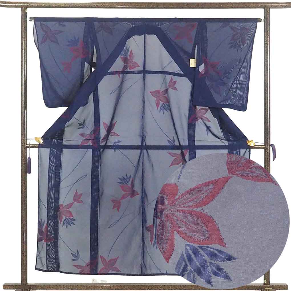 リサイクル 小紋 着物 身丈156cm 裄65cm 前幅23cm 後幅30.5cm 袖丈57cm 袖幅32.5cm レディース 花柄 裄Mサイズ 夏用 正絹（シルク）紺地 美品 リサイクル リメイク リユース【ランクA】
