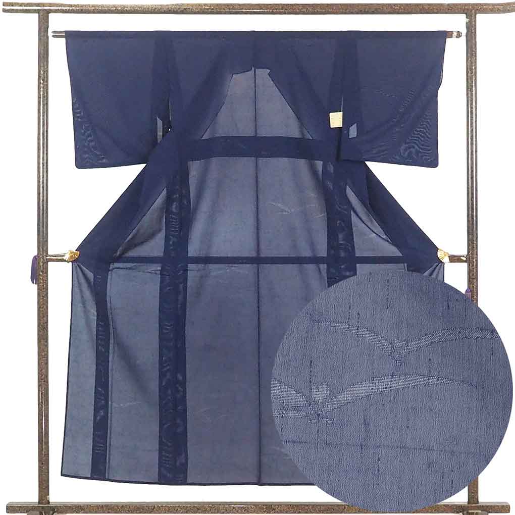 リサイクル 小紋 着物 身丈155cm 裄63cm 前幅23cm 後幅29cm 袖丈47cm 袖幅32.5cm レディース 植物 裄Mサイズ 夏用 正絹（シルク）紺地 美品 リサイクル リメイク リユース【ランクA】