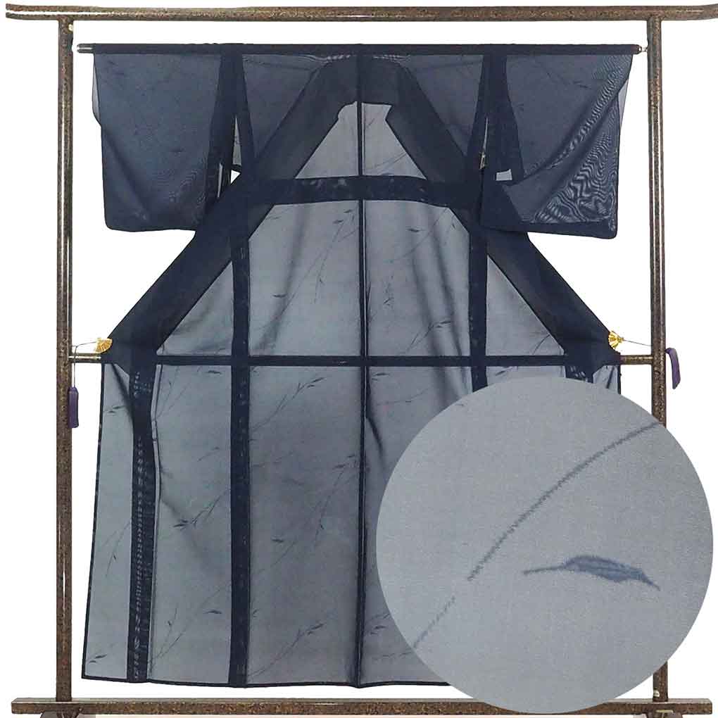 リサイクル 小紋 着物 身丈157cm 裄65cm 前幅23.5cm 後幅30cm 袖丈49cm 袖幅33cm レディース 植物 裄Mサイズ 夏用 正絹（シルク）紺地 やや難 リサイクル リメイク リユース【ランクB】
