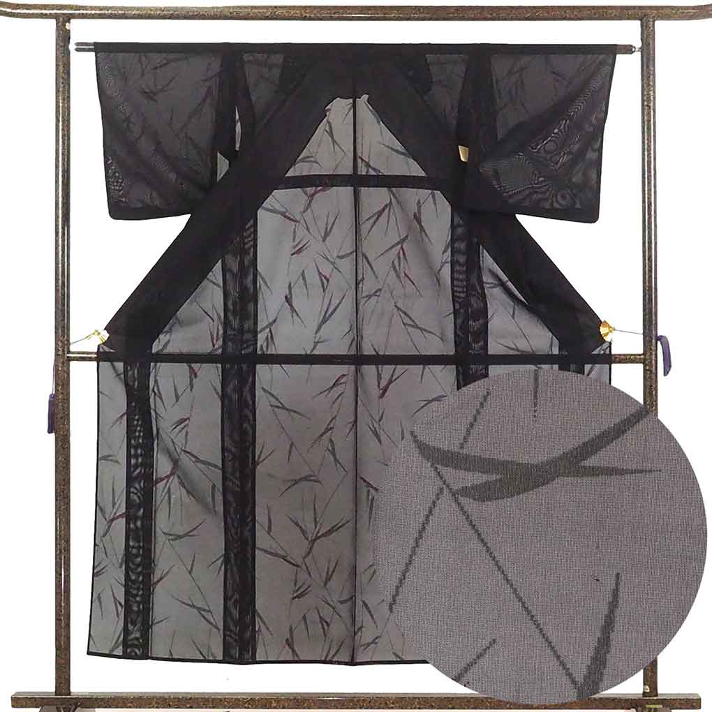 リサイクル 小紋 着物 身丈154cm 裄62cm 前幅23cm 後幅29cm 袖丈45cm 袖幅32cm レディース 笹 裄Sサイズ 夏用 正絹（シルク）黒地 やや難 リサイクル リメイク リユース【ランクB】