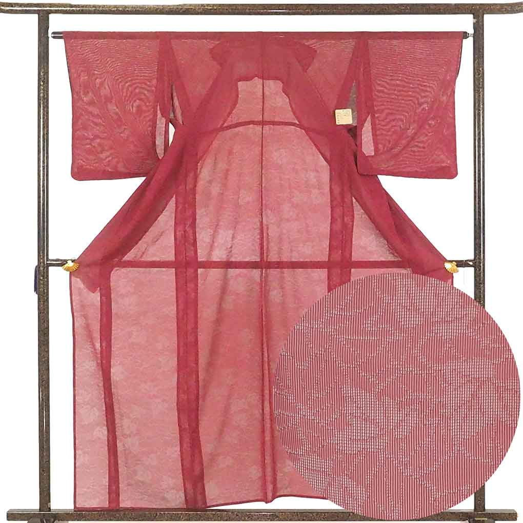 リサイクル 小紋 着物 身丈163cm 裄66cm 前幅25cm 後幅28cm 袖丈50cm 袖幅33cm レディース 蔦柄 裄長 裄M-Lサイズ 夏用 正絹（シルク）赤地 美品 リサイクル リメイク リユース【ランクA】
