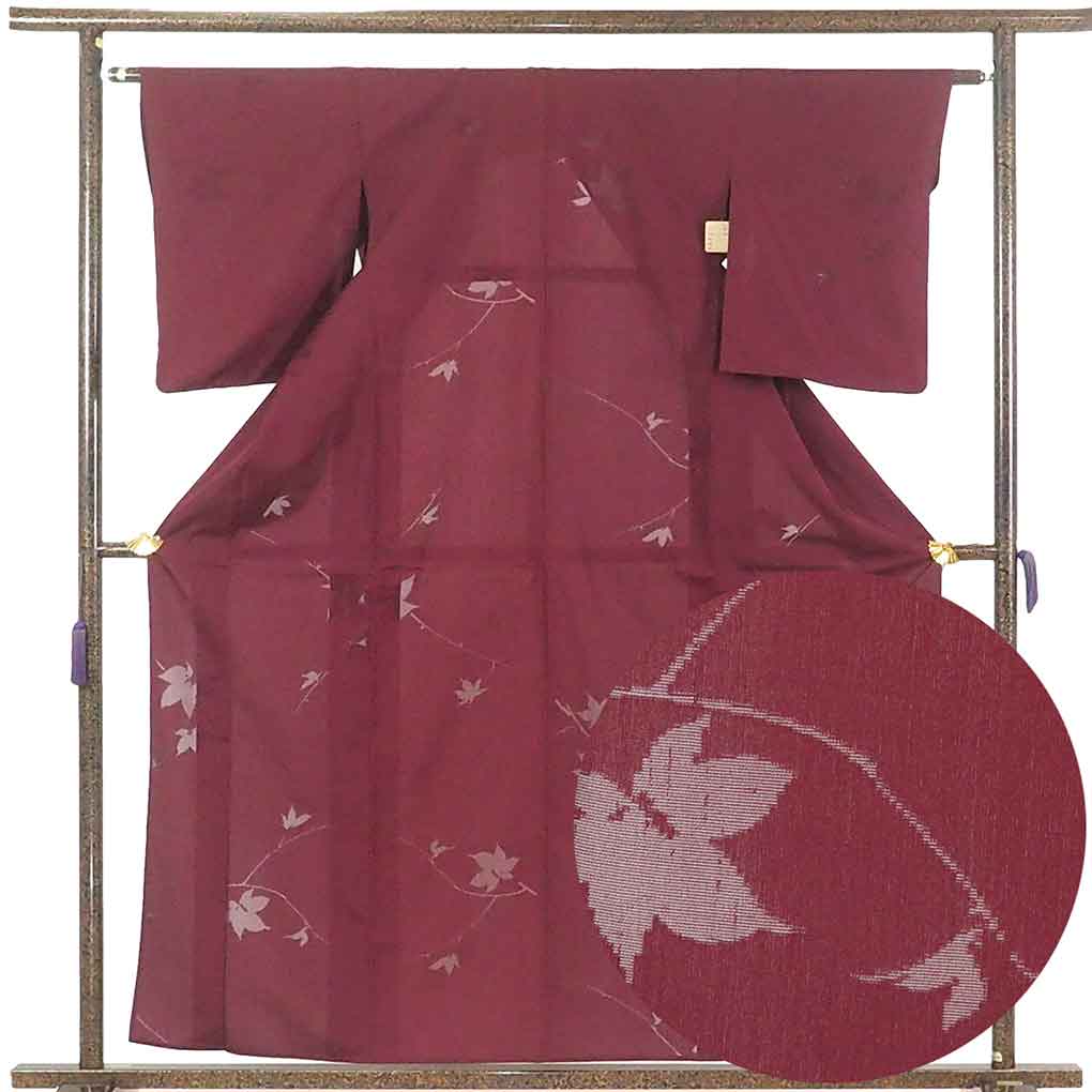 リサイクル 小紋 着物 身丈160cm 裄62cm 前幅23cm 後幅28cm 袖丈53cm 袖幅32.5cm レディース 花柄 裄Sサイズ 夏用 正絹（シルク）赤地 やや難 リサイクル リメイク リユース【ランクB】
