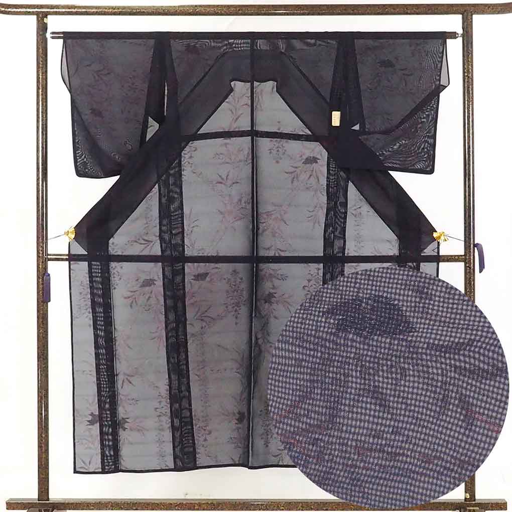 リサイクル 小紋 着物 身丈151cm 裄63cm 前幅24cm 後幅30cm 袖丈52cm 袖幅32.5cm レディース 花柄 裄Mサイズ 夏用 正絹（シルク）紺地 美品 リサイクル リメイク リユース【ランクA】