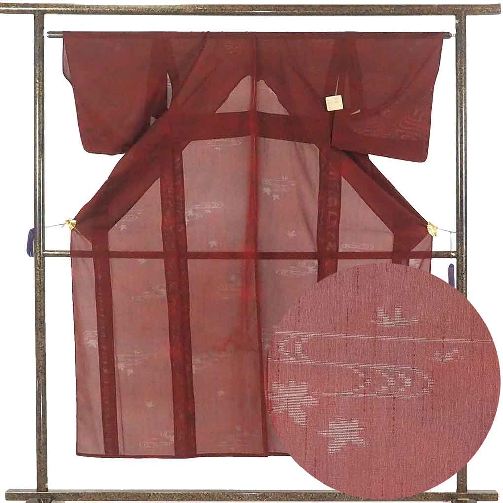リサイクル 小紋 着物 身丈151cm 裄64cm 前幅24cm 後幅30cm 袖丈47cm 袖幅32.5cm レディース 琉球柄 裄Mサイズ 夏用 正絹（シルク）赤地 未使用品 リサイクル リメイク リユース【ランクS】