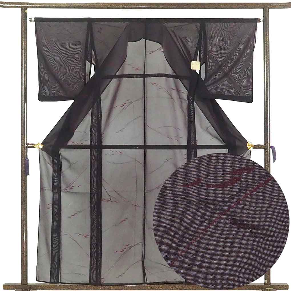 リサイクル 小紋 着物 身丈159cm 裄64cm 前幅22.5cm 後幅28.5cm 袖丈51cm 袖幅32cm レディース 稲穂 裄Mサイズ 夏用 正絹（シルク）黒地 美品 リサイクル リメイク リユース【ランクA】