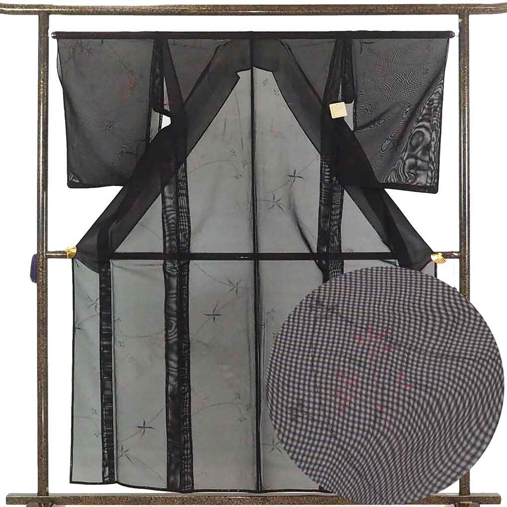 リサイクル 小紋 着物 身丈159cm 裄66cm 前幅24cm 後幅28cm 袖丈56cm 袖幅34.5cm レディース 植物 裄長 裄M-Lサイズ 夏用 正絹（シルク）黒地 やや難 リサイクル リメイク リユース【ランクB】