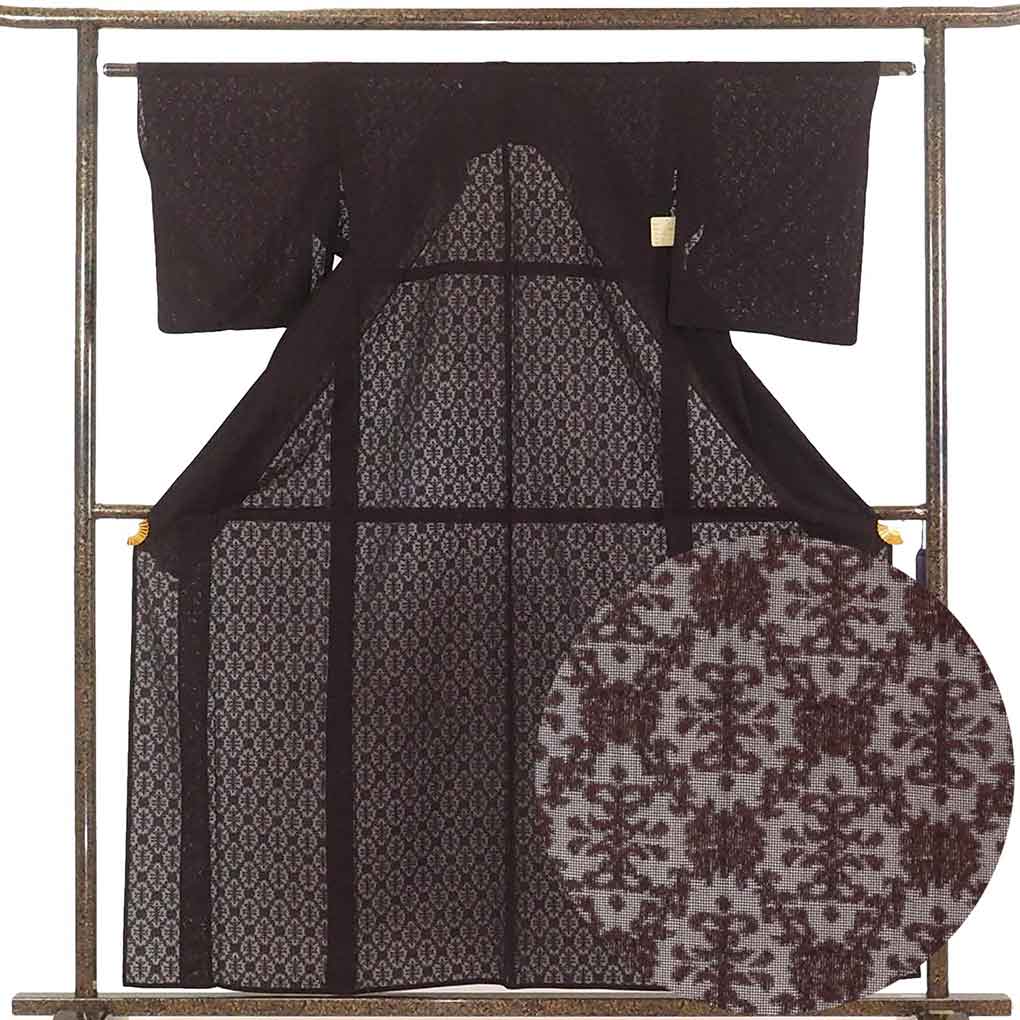 リサイクル 小紋 着物 身丈161cm 裄62cm 前幅24.5cm 後幅29.5cm 袖丈49cm 袖幅32cm レディース 連続模様 裄Sサイズ 夏用 正絹（シルク）黒地 やや難 リサイクル リメイク リユース【ランクB】