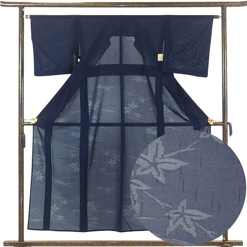 リサイクル 小紋 着物 身丈153cm 裄63cm 前幅24cm 後幅30cm 袖丈45cm 袖幅33cm レディース 紅葉 裄Mサイズ 夏用 正絹（シルク）紺地 やや難 リサイクル リメイク リユース【ランクB】