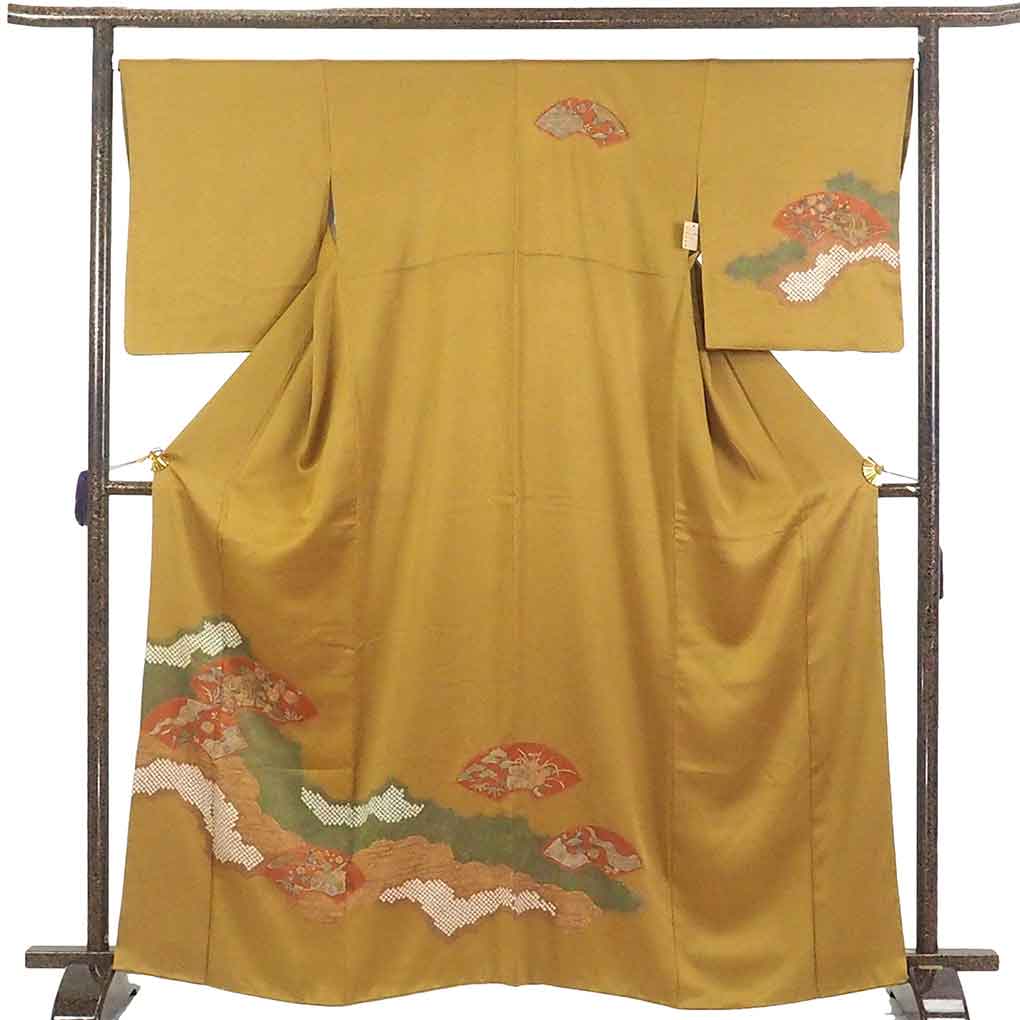 リサイクル 訪問着 着物 身丈167cm 裄68cm 前幅24.5cm 後幅30.5cm 袖丈52cm 袖幅34.5cm レディース 袷 扇面 裄長 裄Lサイズ 秋冬春用 正絹（シルク）茶色 トールサイズ 美品 リサイクル リメイク リユース【ランクA】