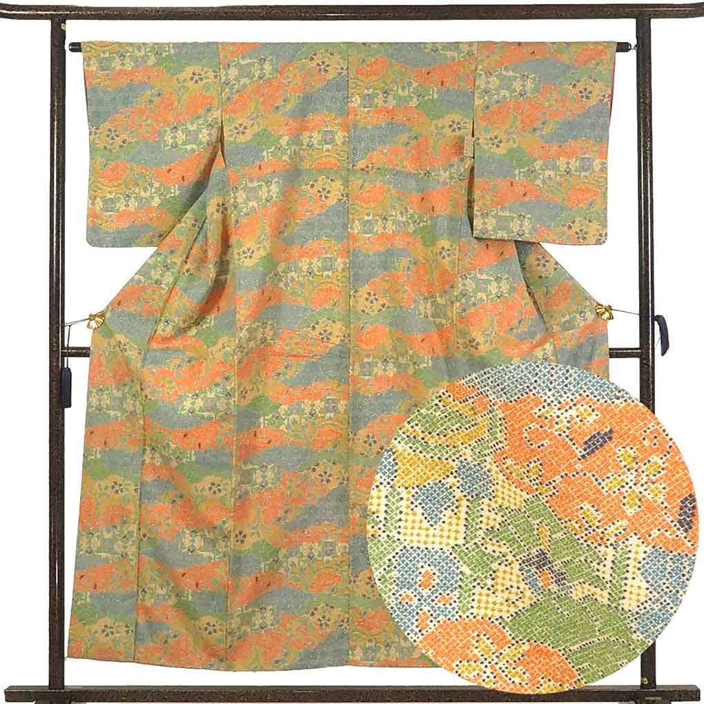 リサイクル 小紋 着物 身丈155cm 裄64cm 前幅23cm 後幅30cm 袖丈51cm 袖幅33cm レディース 袷 連続模様 裄Mサイズ 秋冬春用 正絹（シルク） ブルー やや難 リサイクル リメイク リユース【ランクB】