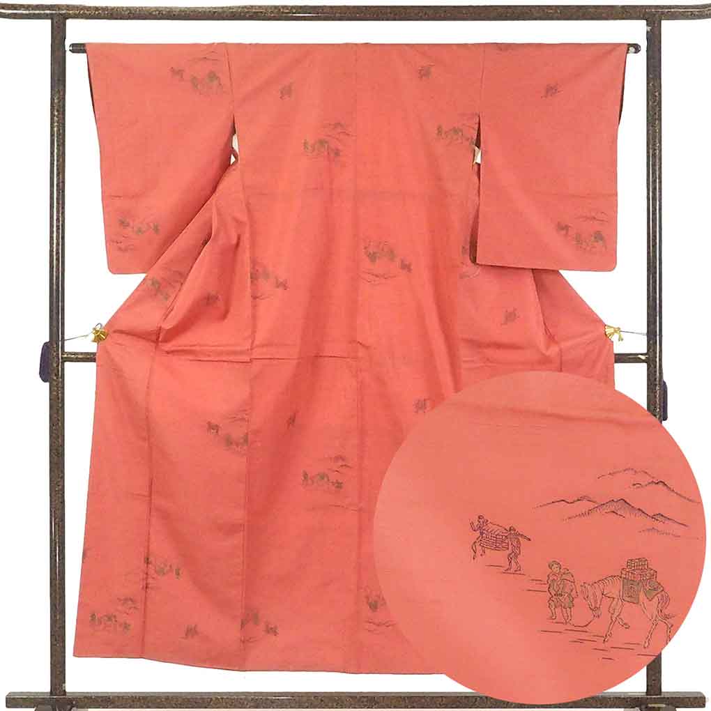 リサイクル 紬 着物 身丈155cm 裄63cm 前幅24.5cm 後幅28cm 袖丈57cm 袖幅33cm レディース 袷 連続模様 裄Mサイズ 秋冬春用 正絹（シルク） ピンク 未使用品 リサイクル リメイク リユース【ランクS】
