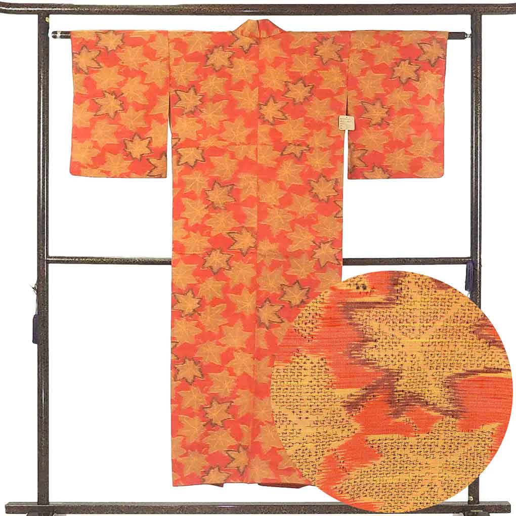 リサイクル 紬 着物 身丈146cm 裄61cm 前幅23cm 後幅28cm 袖丈49cm 袖幅32cm レディース 袷 紅葉 裄Sサイズ 秋冬春用 正絹（シルク） オレンジ 難有り リサイクル リメイク リユース【ランクC】