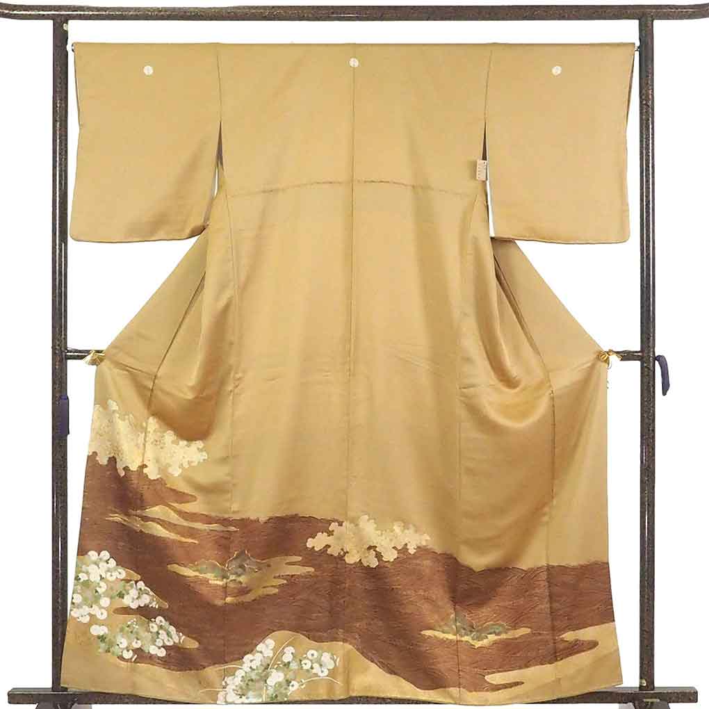 色留袖 リサイクル着物 身丈160cm 裄67cm 前幅24cm 後幅29.5cm 袖丈49cm 袖幅33.5cm レディース 袷 流水 裄長 裄Lサイズ 秋冬春用 正絹（シルク）ブラウン 美品 リメイク リユース【ランクA】