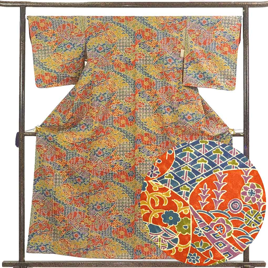 小紋 リサイクル着物 身丈158cm 裄67.5cm 前幅24cm 後幅30cm 袖丈49cm 袖幅34cm レディース 袷 植物 裄長 裄Lサイズ 秋冬春用 正絹（シルク）グリーン 未使用品 リメイク リユース【ランクS】