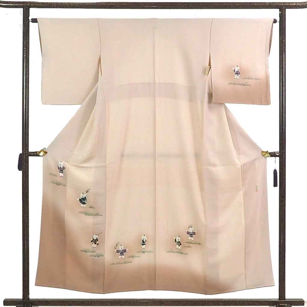 付下 リサイクル着物 身丈154cm 裄64cm 前幅23cm 後幅29.5cm 袖丈48cm 袖幅33cm レディース 袷 唐子人形 裄Mサイズ 秋冬春用 正絹（シルク）ブラウン やや難 リメイク リユース【ランクB】