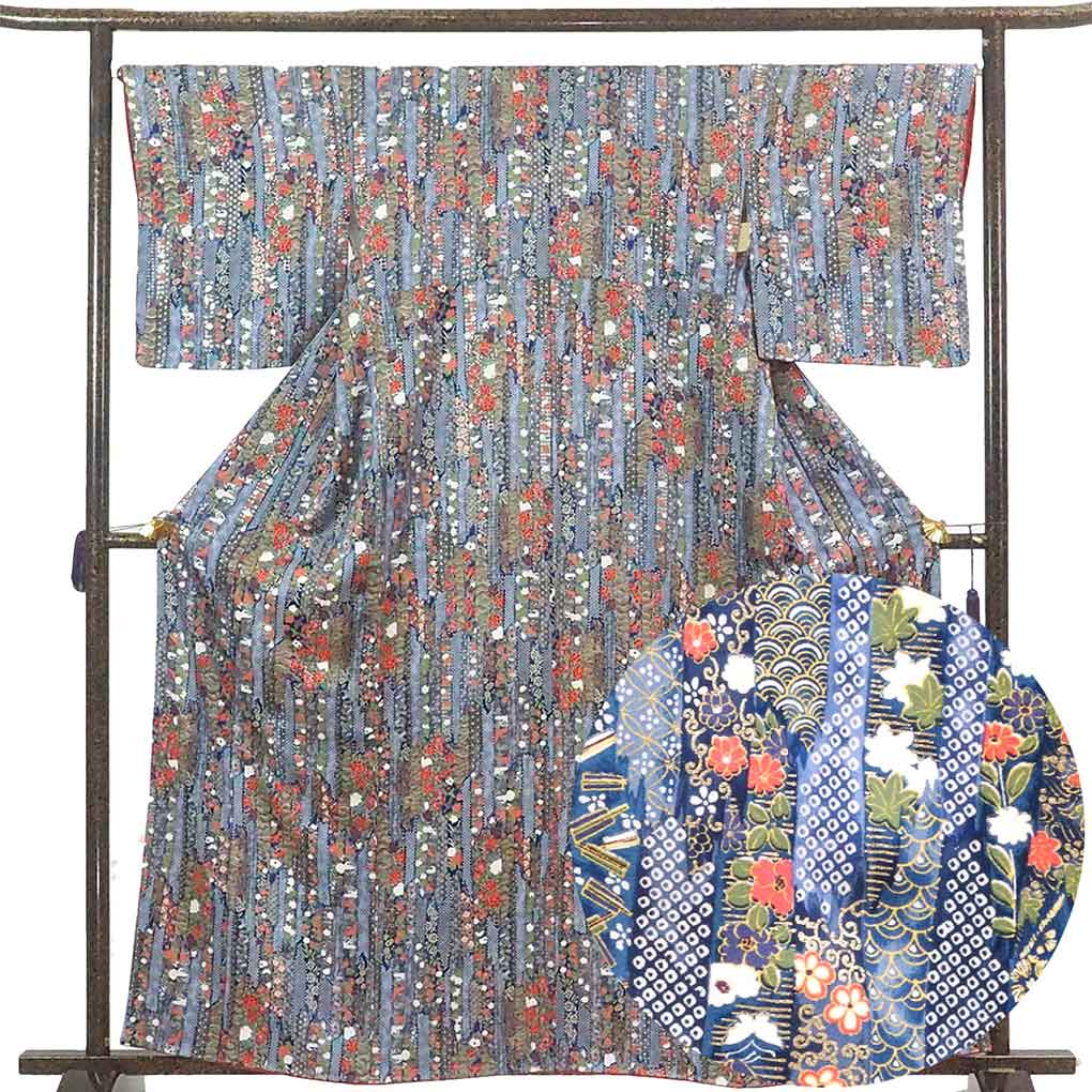 小紋 リサイクル着物 身丈162cm 裄67cm 前幅24cm 後幅29.5cm 袖丈48cm 袖幅34.5cm レディース 袷 花柄 裄長 裄Lサイズ 秋冬春用 正絹（シルク）ネイビー 未使用品 リメイク リユース【ランクS】