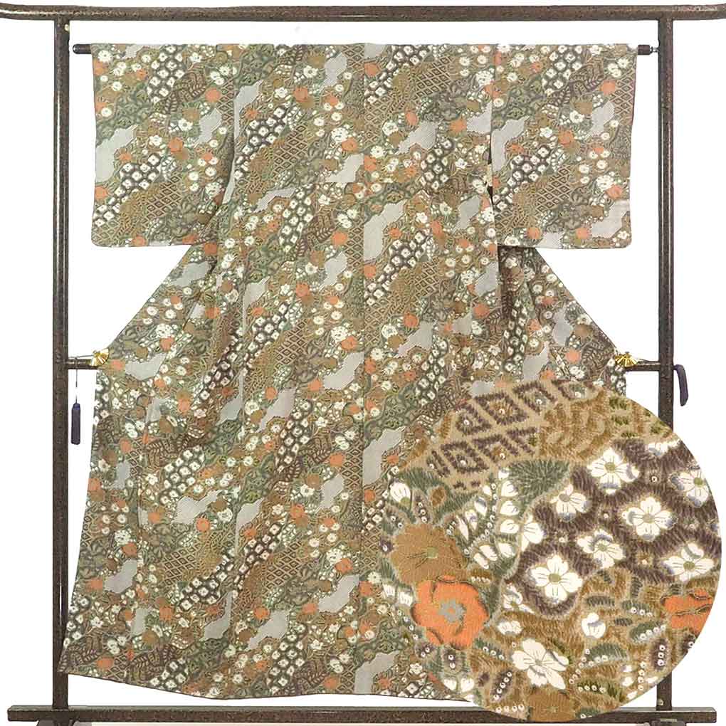 小紋 リサイクル着物 身丈155cm 裄64cm 前幅25cm 後幅30cm 袖丈48cm 袖幅33cm レディース 袷 花柄 裄Mサイズ 秋冬春用 正絹（シルク）ブラウン 美品 リメイク リユース【ランクA】