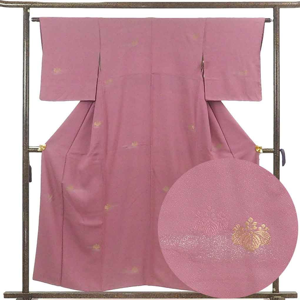小紋 リサイクル着物 身丈155cm 裄63cm 前幅24.5cm 後幅28.5cm 袖丈48cm 袖幅33cm レディース 袷 縫取り 裄Mサイズ 秋冬春用 正絹（シルク）パープル やや難 リメイク リユース【ランクB】