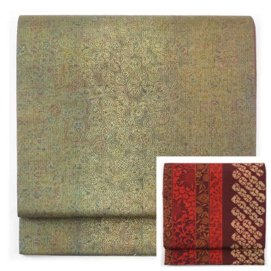 袋帯 白緑朱金黒色系 梅菊模様 大幅値下げ中｜レディース 