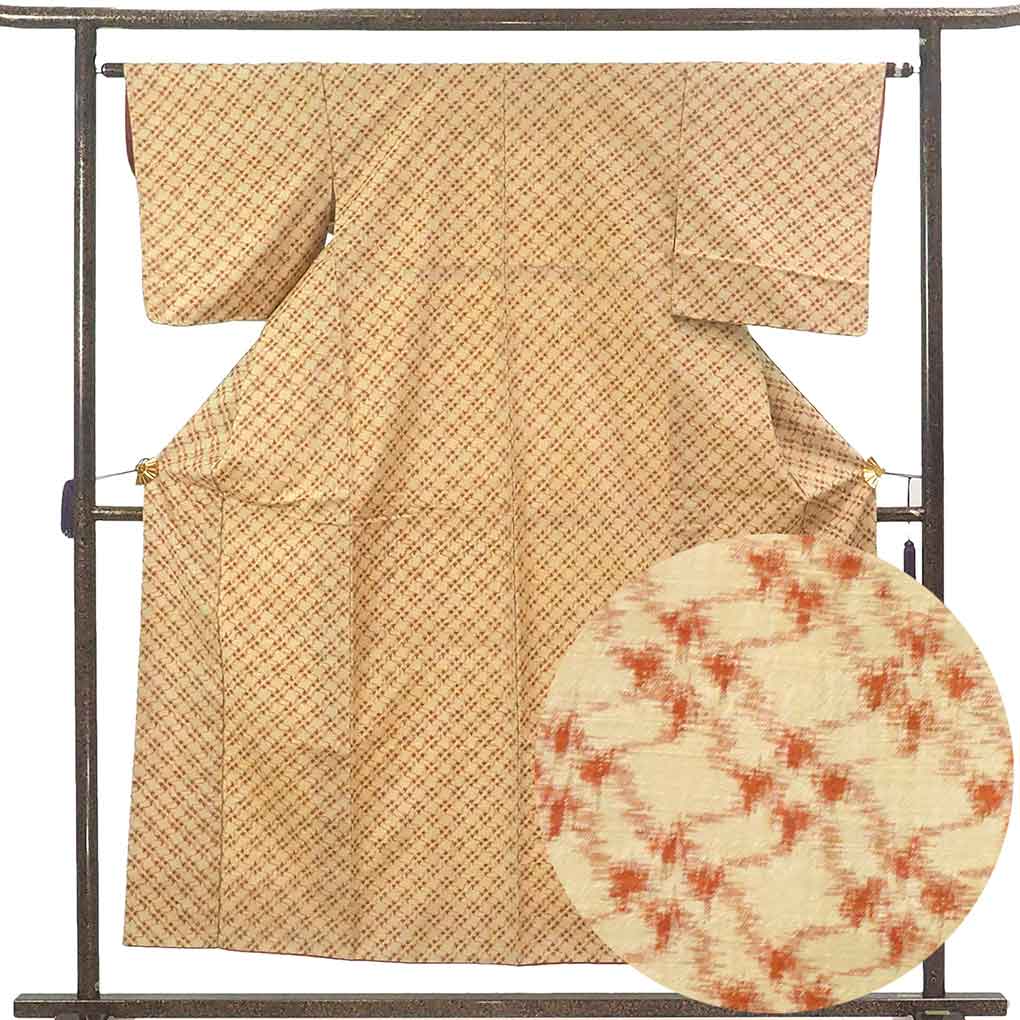 紬 リサイクル着物 身丈155cm 裄63cm 前幅23cm 後幅28.5cm 袖丈47cm 袖幅32cm レディース 袷 連続模様 裄Mサイズ 秋冬春用 正絹（シルク）ブラウン 美品 リメイク リユース【ランクA】