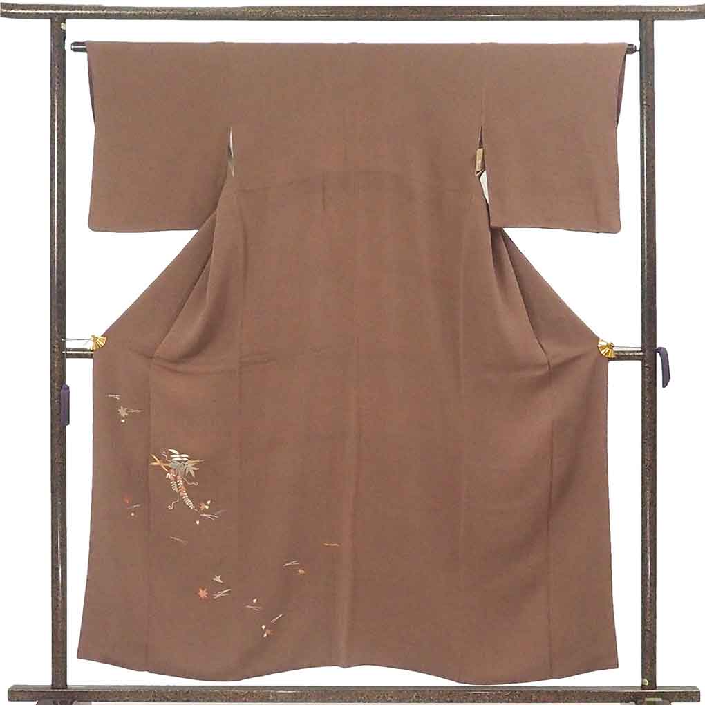 付下 リサイクル着物 身丈156cm 裄64cm 前幅23.5cm 後幅29cm 袖丈46cm 袖幅32cm レディース 袷 松葉 裄Mサイズ 秋冬春用 正絹（シルク）ブラウン 美品 リメイク リユース【ランクA】