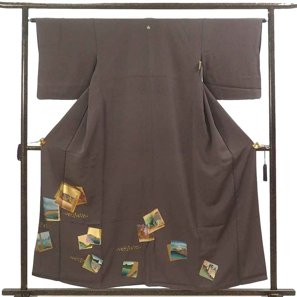 色留袖 リサイクル着物 身丈157cm 裄65cm 前幅24.5cm 後幅29.5cm 袖丈48cm 袖幅33cm レディース 袷 色紙 裄Mサイズ 秋冬春用 正絹（シルク）グレー やや難 リメイク リユース【ランクB】