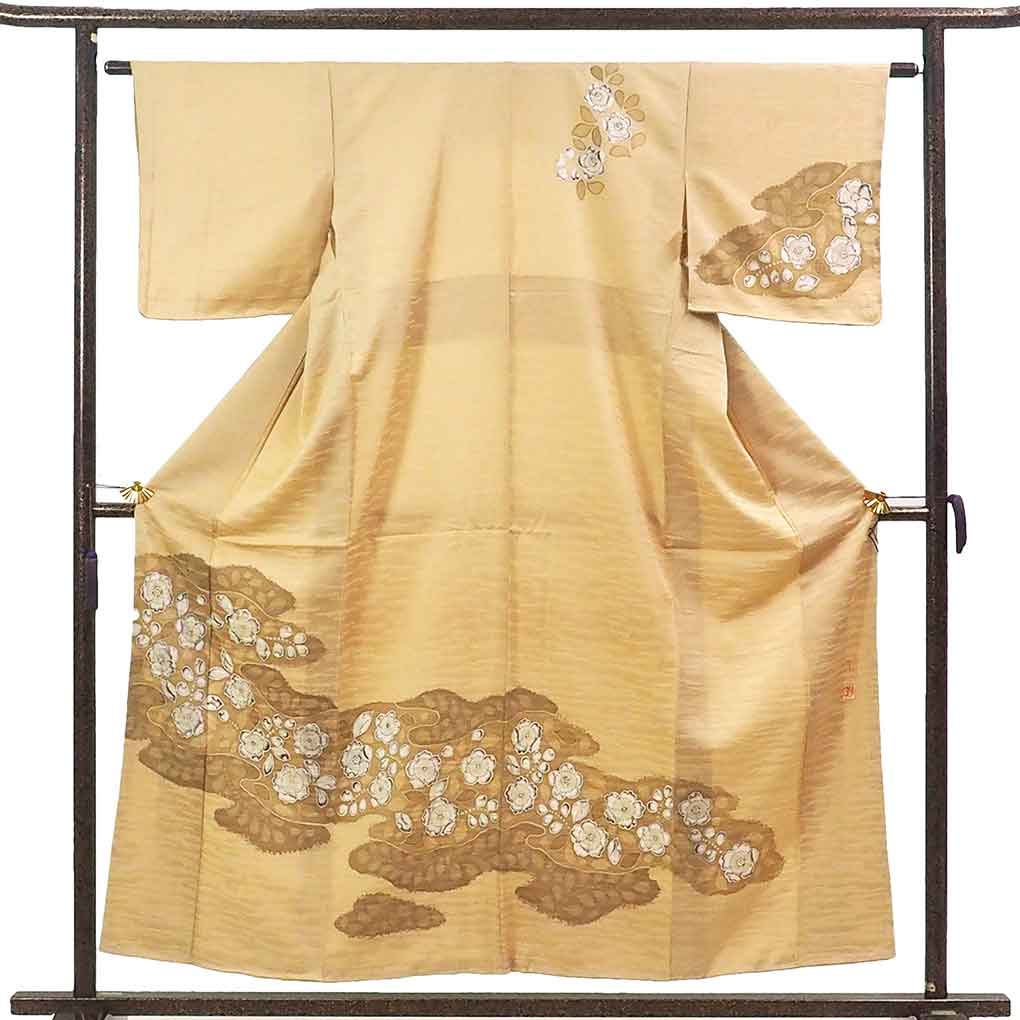 訪問着 リサイクル着物 身丈157cm 裄63cm 前幅23cm 後幅30cm 袖丈45cm 袖幅32cm レディース 袷 辻ヶ花 裄Mサイズ 秋冬春用 正絹（シルク）ブラウン やや難 リメイク リユース【ランクB】