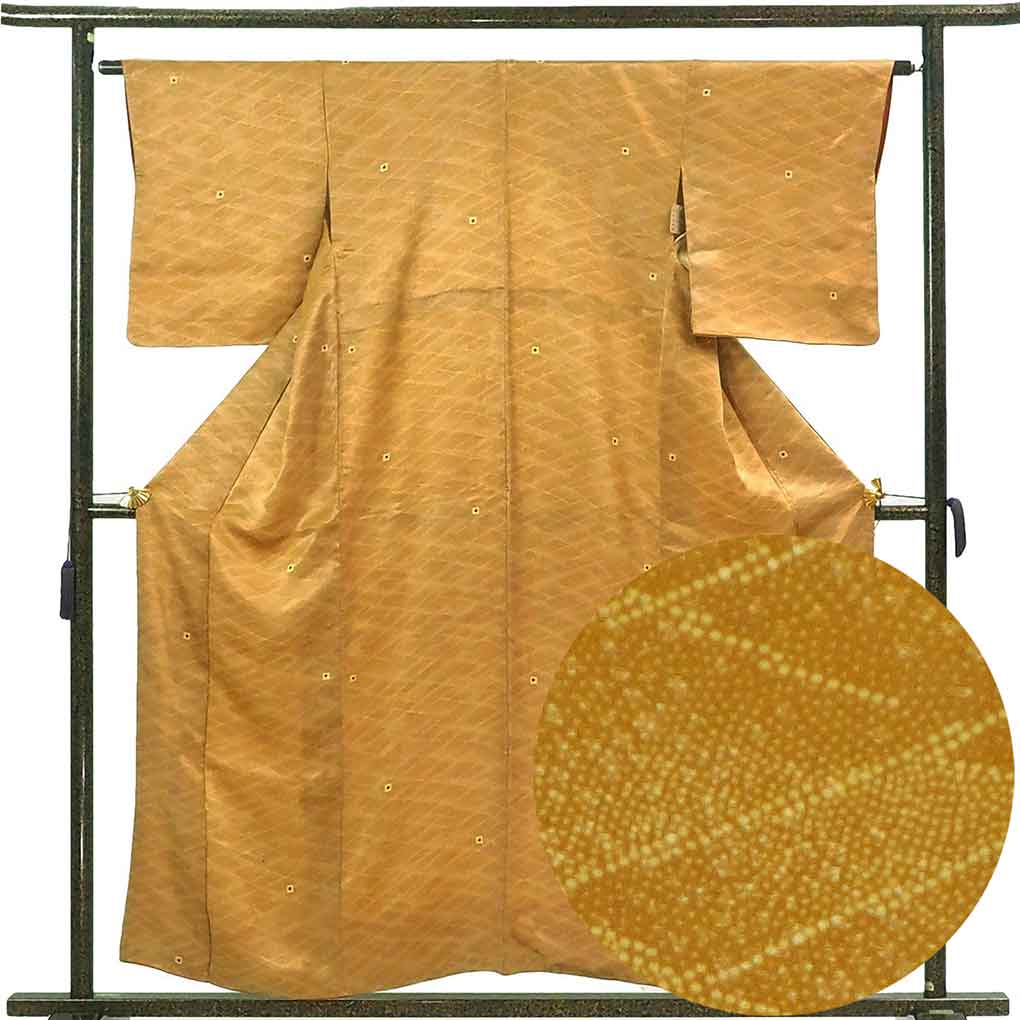 小紋 リサイクル着物 身丈156cm 裄63cm 前幅23cm 後幅28.5cm 袖丈48.5cm 袖幅31.5cm レディース 袷 連続模様 裄Mサイズ 秋冬春用 正絹（シルク）ブラウン やや難 リメイク リユース【ランクB】