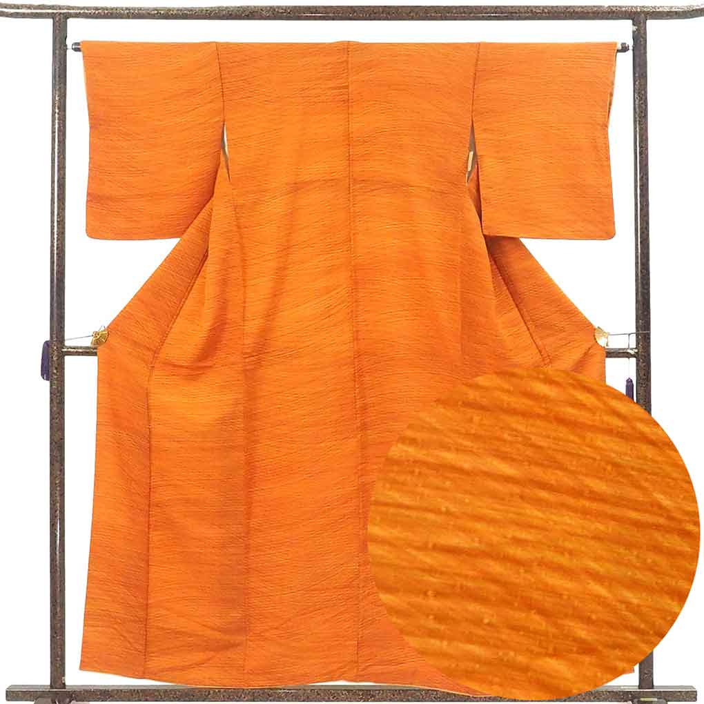 小紋 リサイクル着物 身丈158cm 裄65cm 前幅24.5cm 後幅28cm 袖丈49cm 袖幅32cm レディース 袷 ぼかし 裄Mサイズ 秋冬春用 正絹（シルク）オレンジ 美品 リメイク リユース【ランクA】