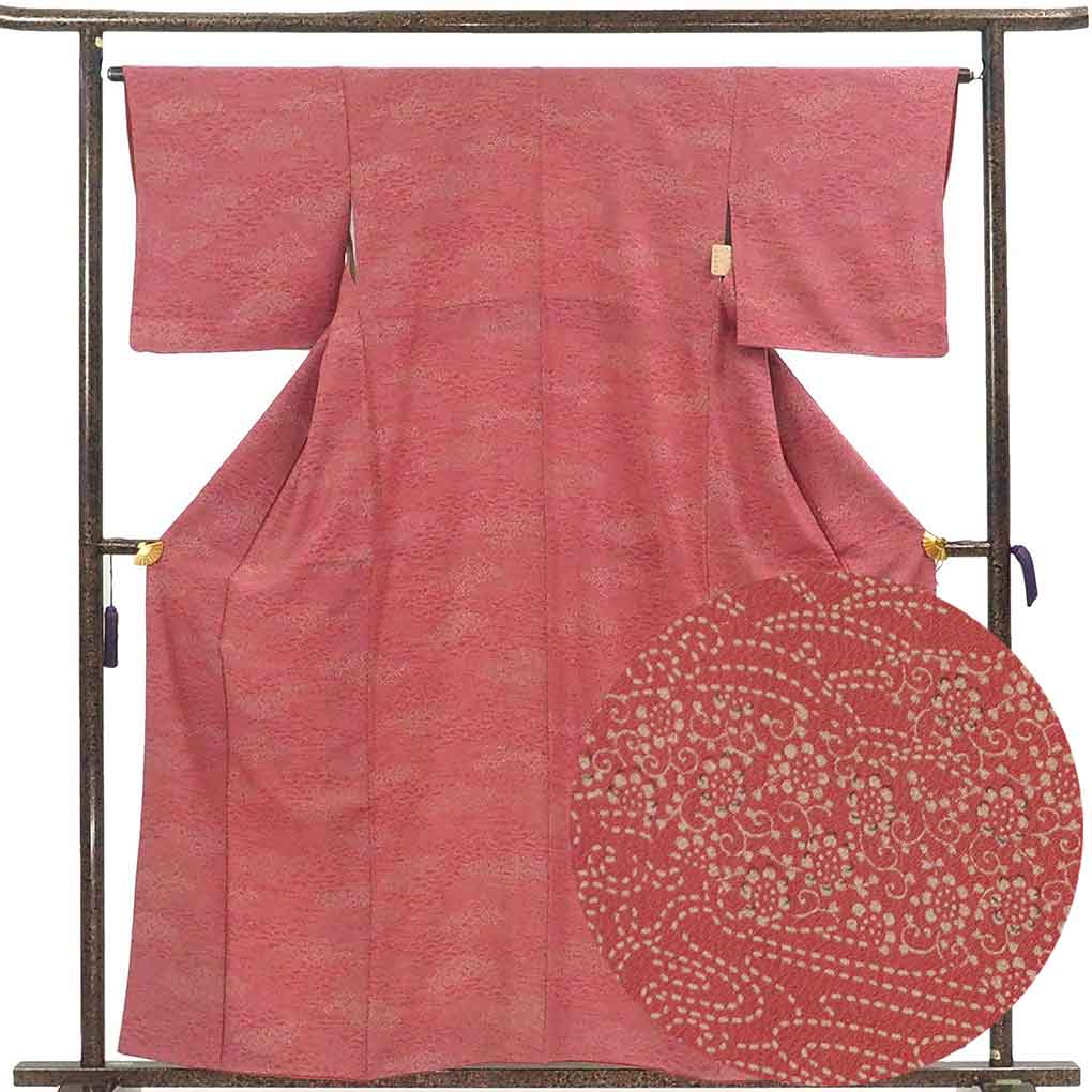 小紋 リサイクル着物 身丈158cm 裄65cm 前幅23cm 後幅29cm 袖丈46cm 袖幅33cm レディース 袷 江戸小紋 裄Mサイズ 秋冬春用 正絹（シルク）ピンク やや難 リメイク リユース【ランクB】