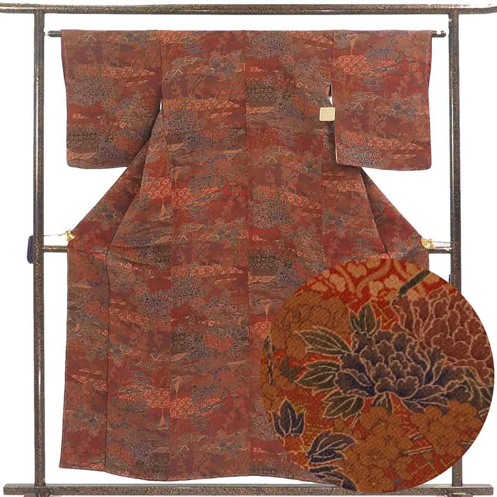 小紋 リサイクル着物 身丈158cm 裄63cm 前幅22.5cm 後幅28cm 袖丈49cm 袖幅33cm レディース 袷 四季の花柄 裄Mサイズ 秋冬春用 正絹（シルク）ブラウン 未使用品 リメイク リユース【ランクS】