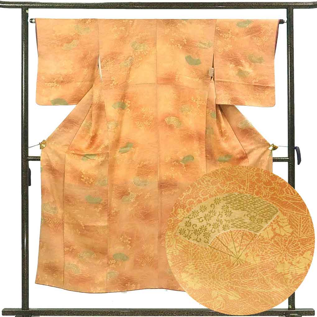 小紋 リサイクル着物 身丈148cm 裄63cm 前幅24cm 後幅28cm 袖丈47cm 袖幅32.5cm レディース 袷 扇面 裄Mサイズ 秋冬春用 正絹（シルク）ブラウン やや難 リメイク リユース【ランクB】