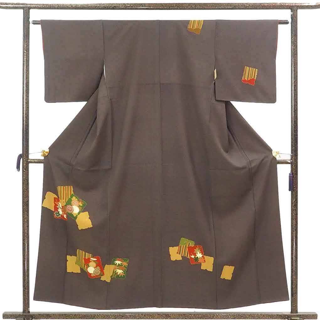 訪問着 リサイクル着物 身丈156cm 裄62cm 前幅23cm 後幅30cm 袖丈45cm 袖幅32cm レディース 袷 抽象柄 裄Sサイズ 秋冬春用 正絹（シルク）ブラウン 美品 リメイク リユース【ランクA】