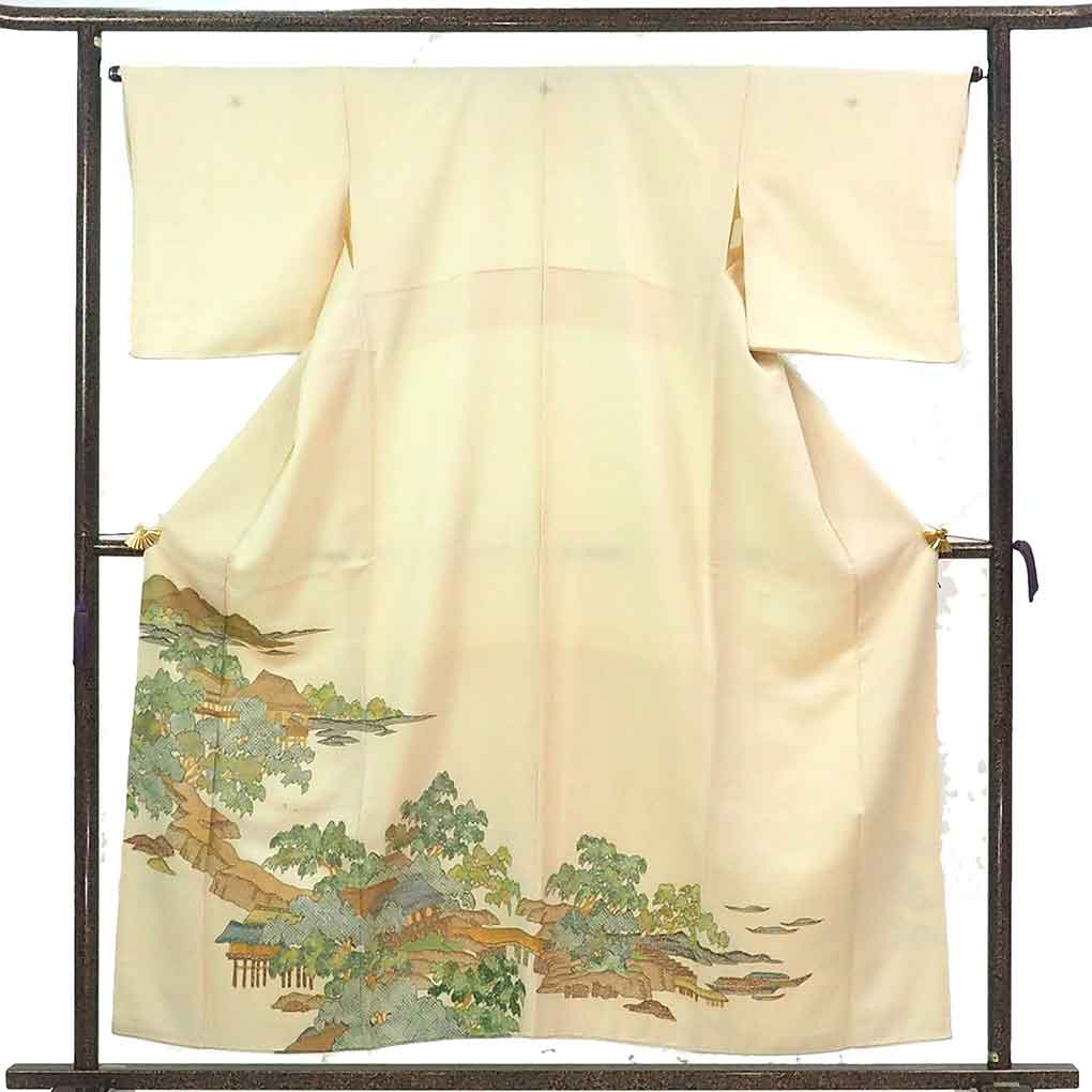 色留袖 リサイクル着物 身丈156cm 裄65cm 前幅24cm 後幅30cm 袖丈47.5cm 袖幅33.5cm レディース 袷 風景画 裄Mサイズ 秋冬春用 正絹（シルク）イエロー 難有り リメイク リユース【ランクC】