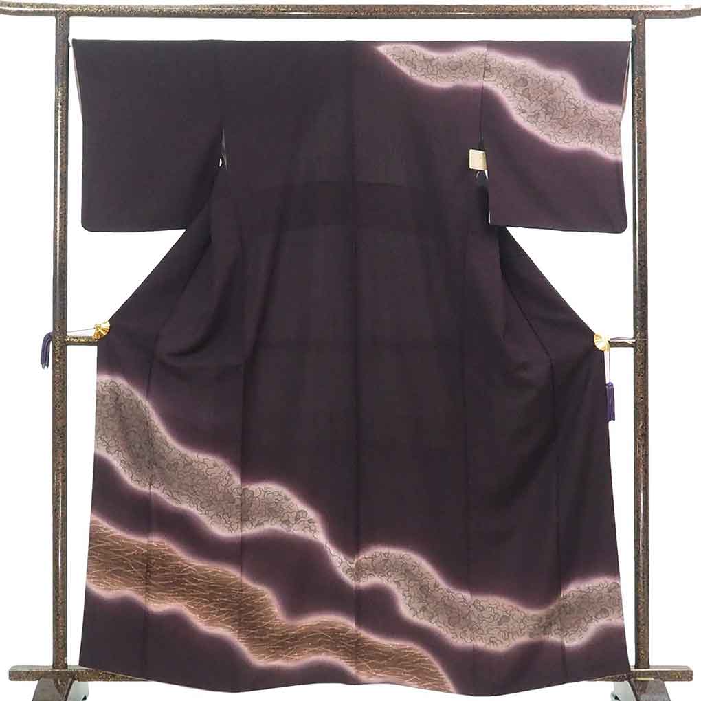 訪問着 リサイクル着物 身丈163cm 裄68cm 前幅23cm 後幅29.5cm 袖丈49cm 袖幅34cm レディース 袷 ひょうたん 裄長 裄Lサイズ 秋冬春用 正絹（シルク）パープル 美品 リメイク リユース【ランクA】