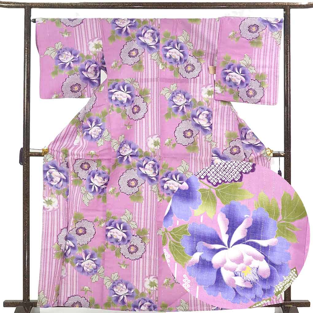 浴衣 リサイクル着物 身丈165cm 裄67cm 前幅24cm 後幅30cm 袖丈49cm 袖幅34cm レディース 花柄 裄長 裄Lサイズ 夏用 木綿 パープル トールサイズ 未使用品 リメイク リユース【ランクS】